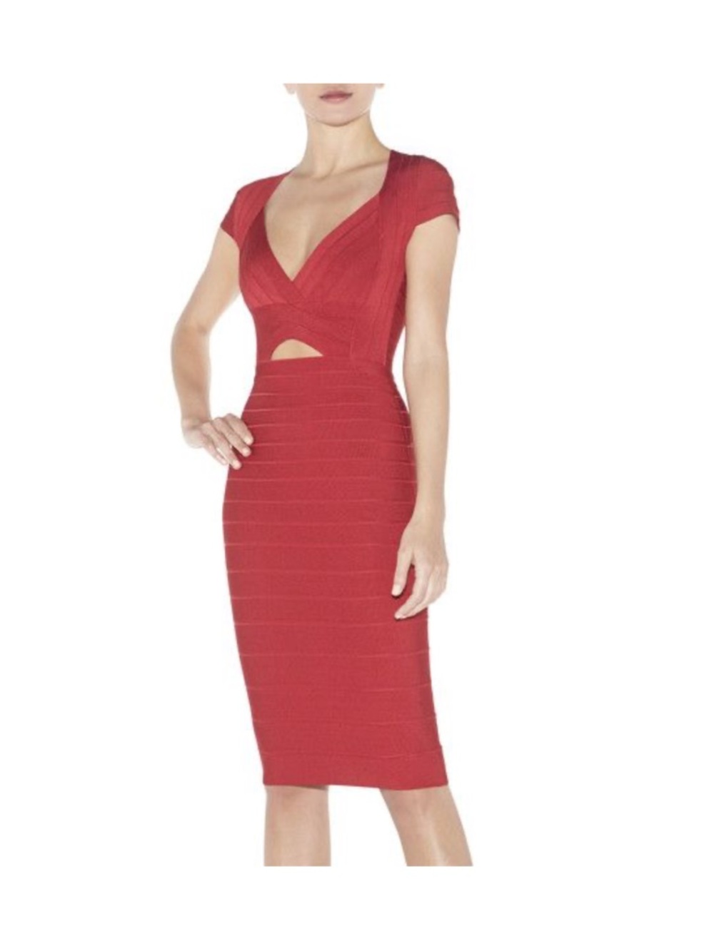 Herve Leger Coral  Bodycon Cutout Midi Dress - Women's Elegant V-Neck